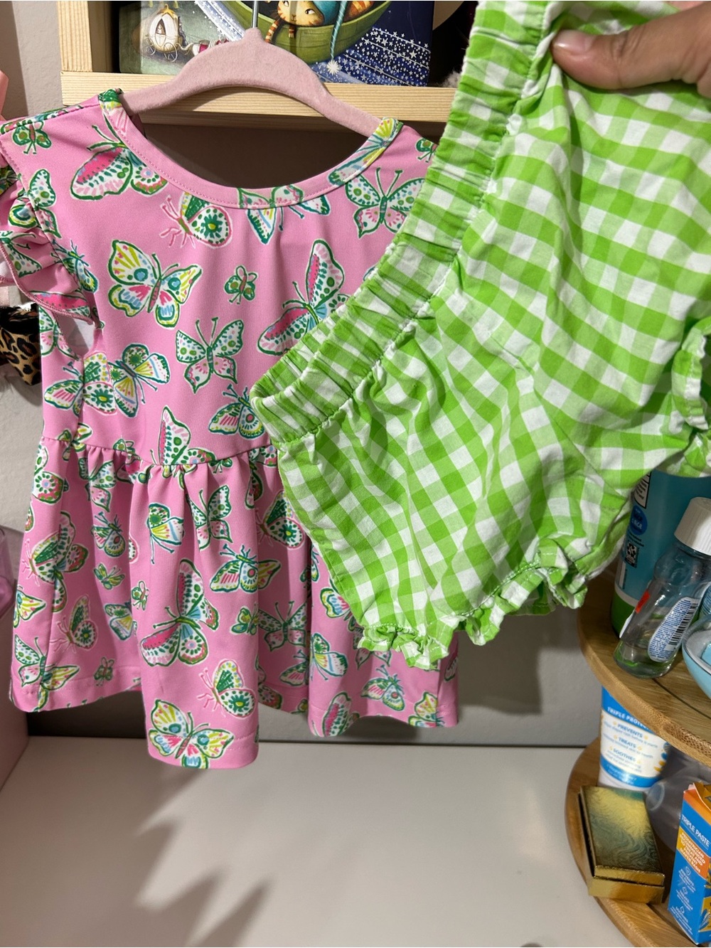 Pink Butterfly top & Lime Green Gingham Bloomers boutique tutti frutti kids co
